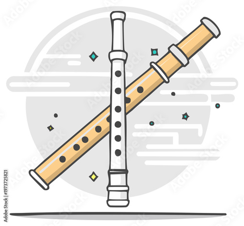 Cartoon illustration of two wooden flutes arranged in a crossed formation with minimalist accents