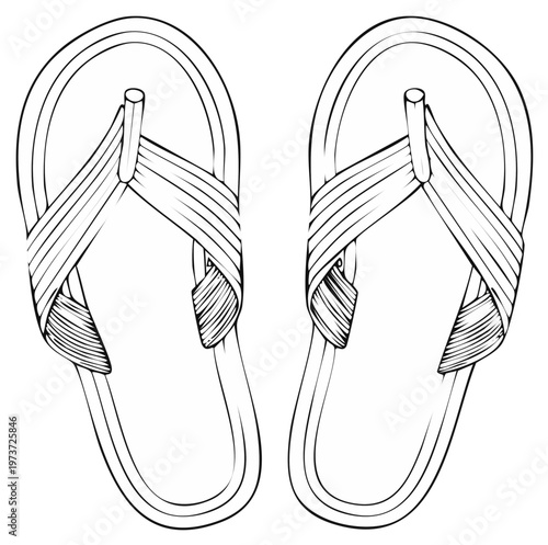 Detailed Line Art Illustration of Tropical Sandals or Flip Flops Footwear Accessory