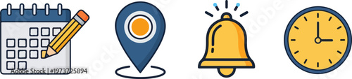 Calendar, reminder and notification line icon set. Collection including location pin, bell alert and time symbols in clean vector illustration style eps