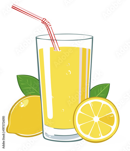 Refreshing glass of lemonade with lemons and leaves, healthy drink with straw