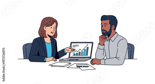 Business meeting, colleagues discussing data, office work, teamwork vector illustration