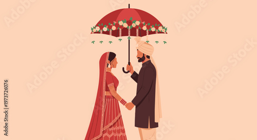 Illustrated Indian Bride And Groom Under Umbrella.