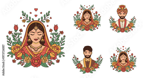 Stylized Indian Bride And Groom Wedding Portrait Illustrations.