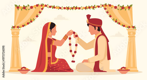 Indian Bride and Groom Exchanging Floral Wedding Garlands.