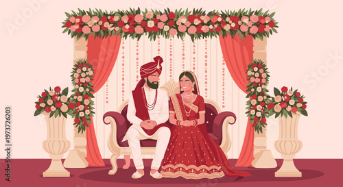 Bride and Groom in Traditional Wedding Attire Seated.
