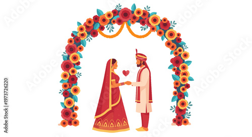 Illustrated Indian bride and groom under floral arch.