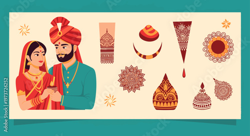 Illustration of Indian bride and groom in traditional attire.