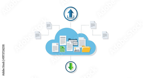 Cloud storage, data sync, file sharing icons, cloud computing, data exchange