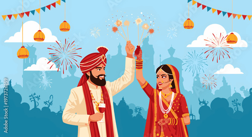 Indian bride and groom in traditional wedding attire celebrating.