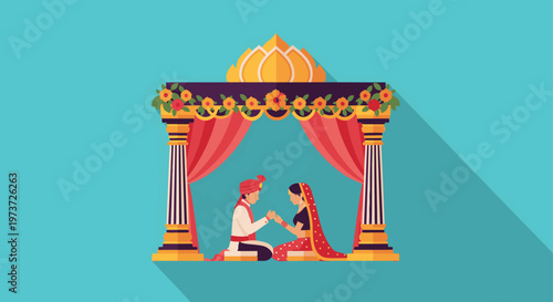 Traditional Hindu Wedding Couple Kneeling Under Mandap.