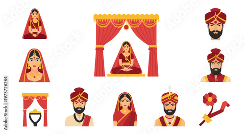 Illustrated Indian Bride And Groom Wedding Avatars.