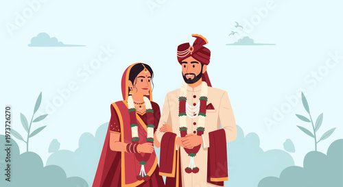 Indian bride and groom in traditional wedding attire.