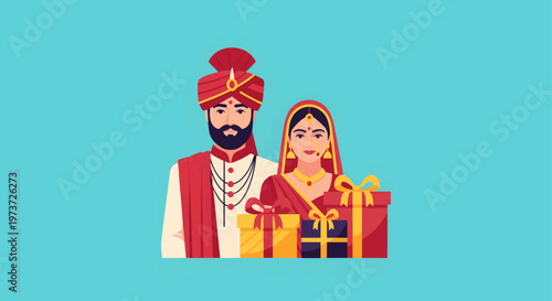 Traditional Indian Bride And Groom Holding Gifts.