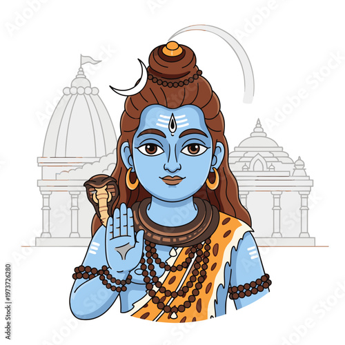 Blue Skinned Hindu Deity With Third Eye And Raised Hand.