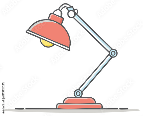 Cartoon illustration of red desk lamp with adjustable arm in simple flat style