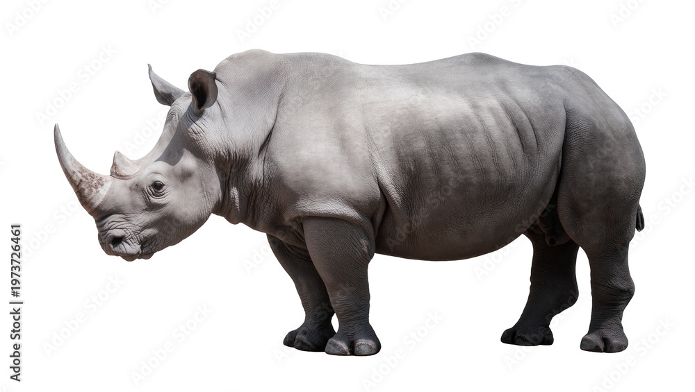 Fototapeta premium Gray African Rhinoceros Standing with Horns and Wrinkled Skin