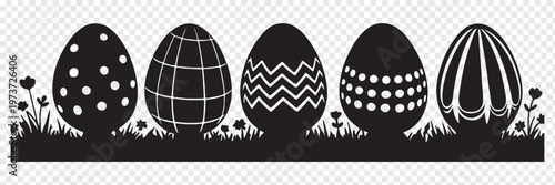 Colorful Easter eggs in grass with  flowers isolated on transparent background