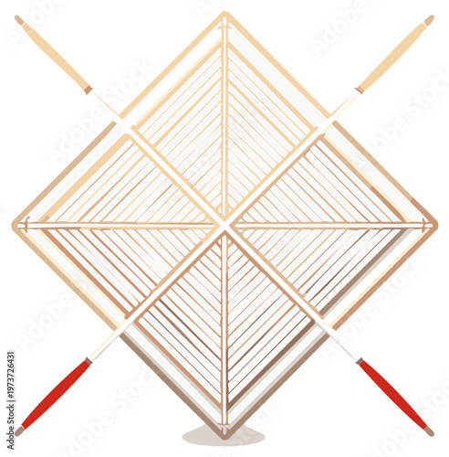 Geometric Square with Lines, Wooden Sticks, and Contrasting Color Ends in an Abstract Graphic Design