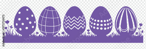 Colorful Easter eggs in grass with  flowers isolated on transparent background