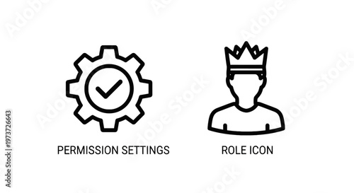 User role and permission settings icons: cogwheel with checkmark for permissions, silhouette with crown for role
