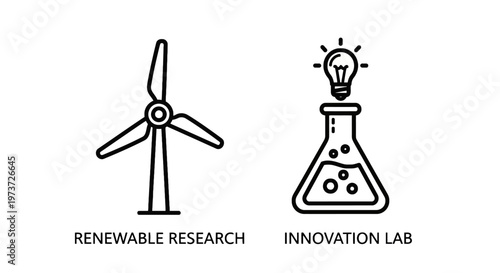 Renewable research and innovation lab icons with renewable energy with wind turbine with light bulb
