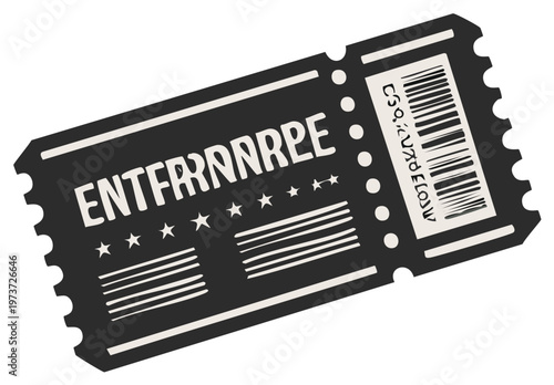 Black and White Entrance Ticket with Barcode and Stars Graphic Design