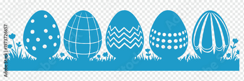 Colorful Easter eggs in grass with  flowers isolated on transparent background