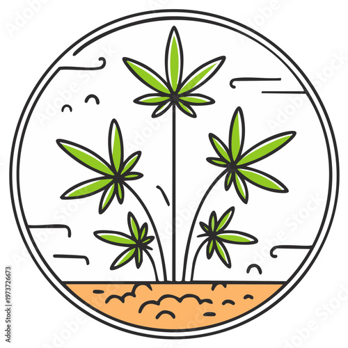 Stylized cannabis plants in circular frame with desert ground and sky elements