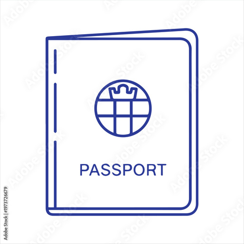 Passport illustration depicts a travel document with a globe symbol and text on a plain background.