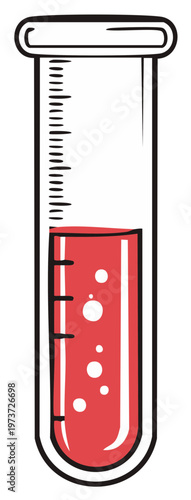 Hand drawn test tube with bubbling red liquid for a science lab experiment or medical analysis