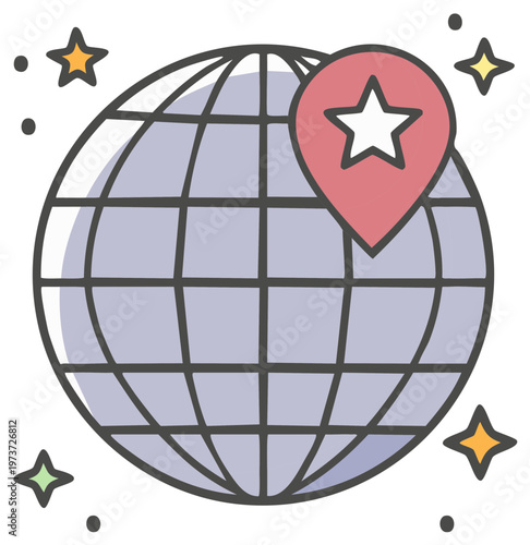 Digital World Globe with Star Location Pin and Sparkles Graphic Illustration