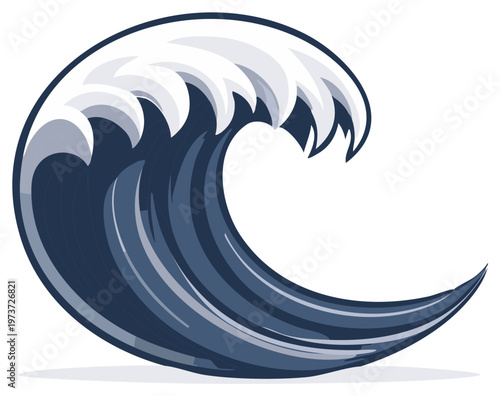 Stylized Dark Blue Ocean Wave Crashing with White Foam Illustration