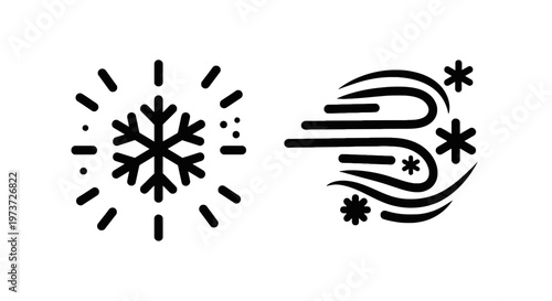 Snowflake and wind with snow icons symbolizing cold weather and winter conditions with line art with flat design