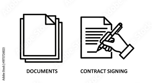 Documents and contract signing icons representing business and legal agreements with flat design with line art with white background