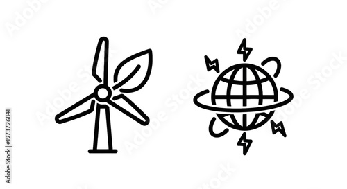 Wind turbine and global energy icons with lightning bolts with energy source with wind power with sustainable energy with environmental protection