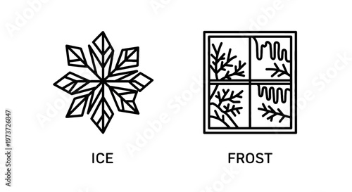 Detailed snowflake and frost on window icons representing ice and cold conditions with line art with flat design