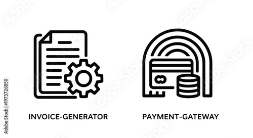 Invoice generator and payment gateway icons with gear and credit card with financial services with e commerce with billing system with payment processing