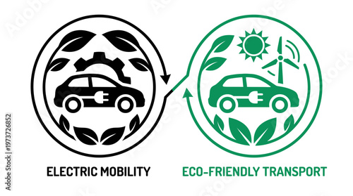Stylized vehicle icons contrasting electric mobility with eco-friendly transport, symbolizing sustainability, renewable energy, and clean transportation innovation.