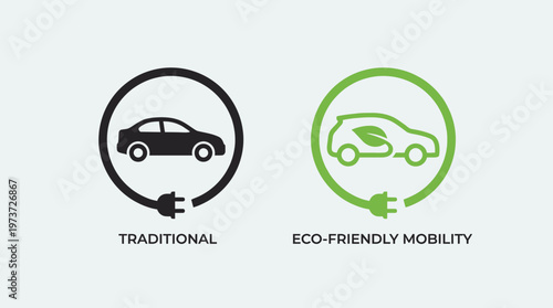 Stylized vehicle icons contrasting traditional car with eco-friendly electric mobility, symbolizing sustainability, innovation, and green transportation solutions.