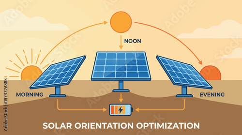 Stylized solar panel orientation illustration with sun path arc, battery storage, and gradient sky, symbolizing energy optimization, sustainability.