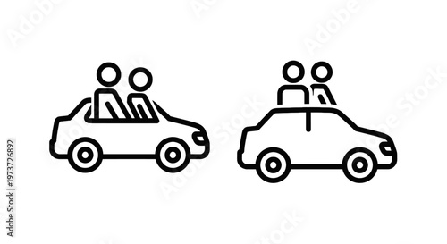 Icon set of people riding in cars, convertible and sedan