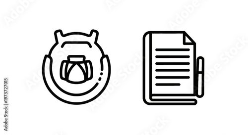Icons representing a steering wheel inside a car interior and a notebook with a pen, symbolizing driving and documentation or planning, writing instrument