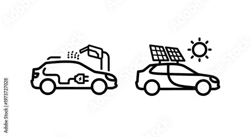 Icons showing two cars: one electric car being charged, and another car with solar panels on the roof under the sun, renewable energy, eco friendly