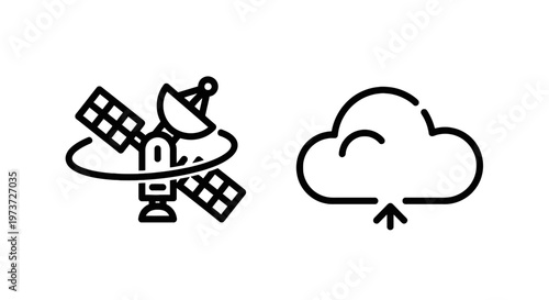 Satellite dish with orbital rings next to a cloud icon, illustrating satellite communication and cloud technology, cloud computing, cloud storage