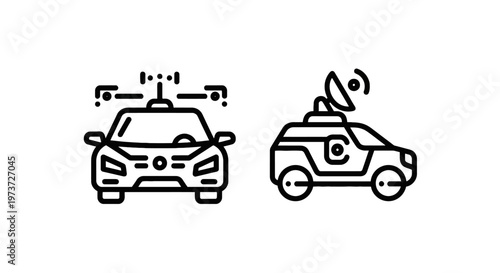 Icons depicting two cars equipped for advanced technology: one with sensors and antennas for autonomous driving, the other with a satellite dish for communic