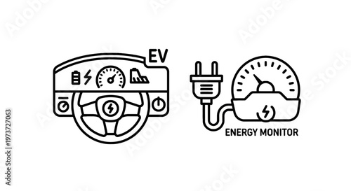 Electric vehicle dashboard and energy monitor icons with electric car with steering wheel with white background with eco friendly