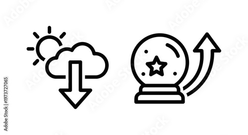 Cloud download icon and crystal ball with upward arrow with white background