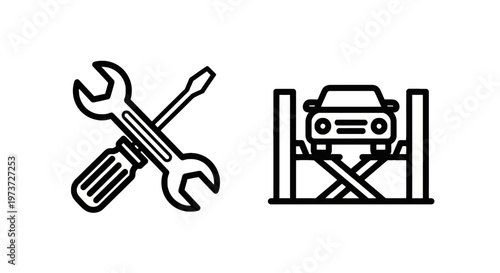Automotive repair and car service icons featuring tools and a vehicle on a mechanical lift with oil change