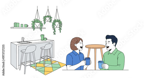 Colleagues Laughing Over Coffee in Modern Breakroom
