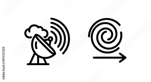 Satellite communication and weather forecasting line icons showing signal transmission and storm movement with black and white